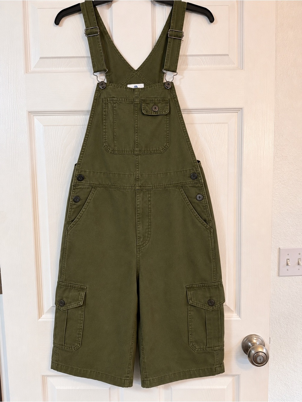 madepants Olive Green Women’s Cargo Short Overalls with Adjustable Straps - Picture 2 of 3